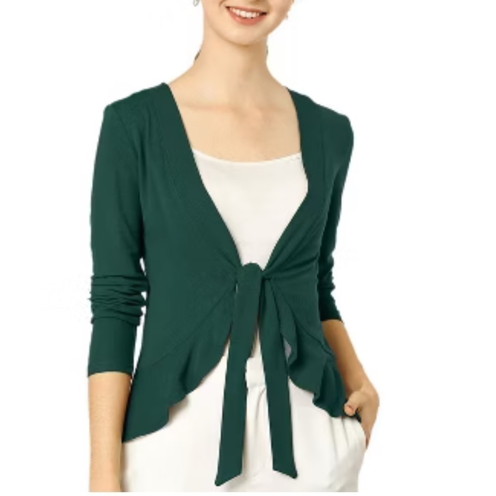 Allegra K Women's Tie-Front Dressy Ruffled Long Sleeve Open Cardigan (809)